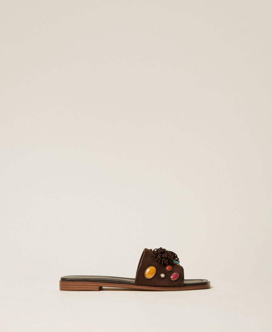 Suede slides with decorative stones Coffee Liqueur Woman 261TGT062_12110_01