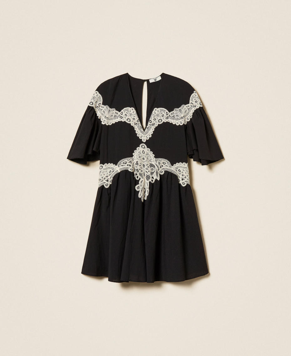 Short muslin dress with macram&eacute; Black / "Vanilla" White Woman 261LM2DCC_04241_S0