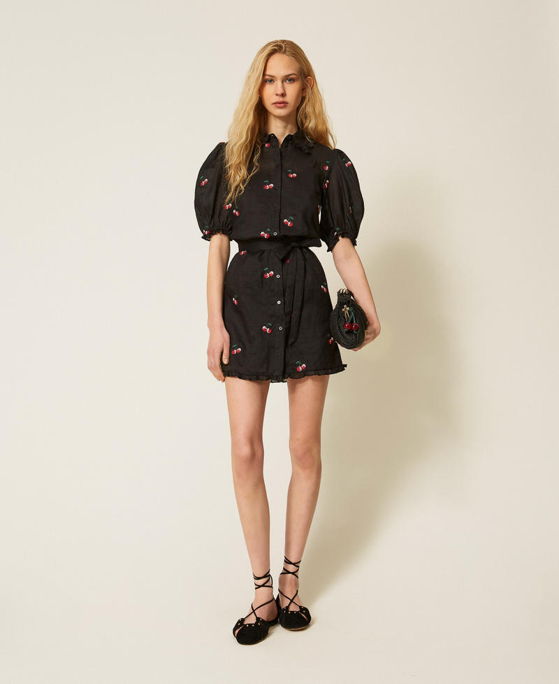 Short ramie dress with embroidery Black/Cherry Red Embroidery Woman 261TT2422_13578_T0