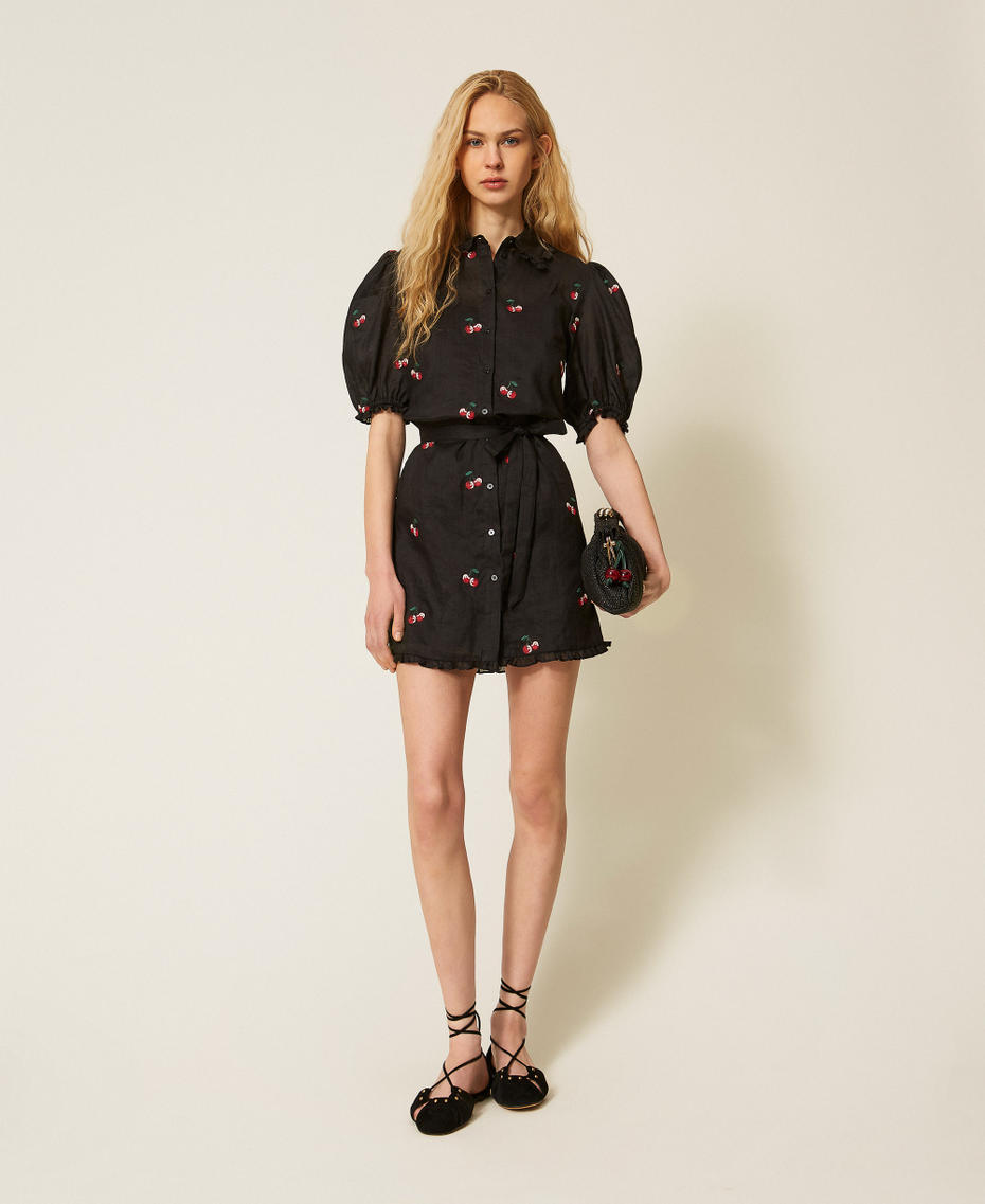 Short ramie dress with embroidery Black/Cherry Red Embroidery Woman 261TT2422_13578_T0