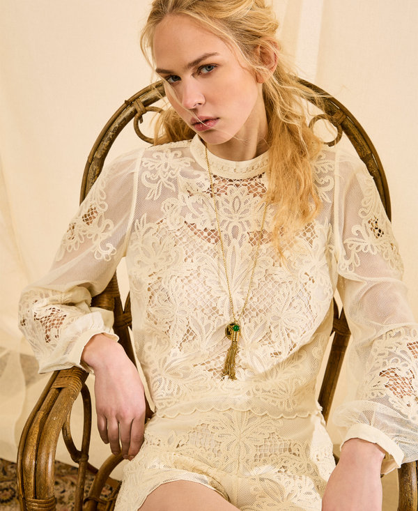 Mesh blouse with embroidery
