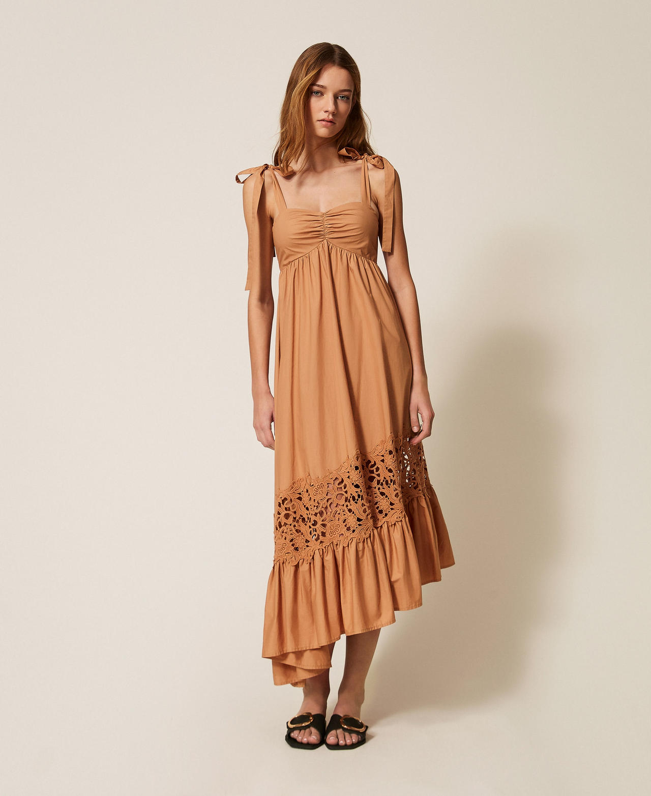 Twinset Beachwear - Poplin midi dress with macramé, "Hazelnut" Brown, Lace, Size: XS