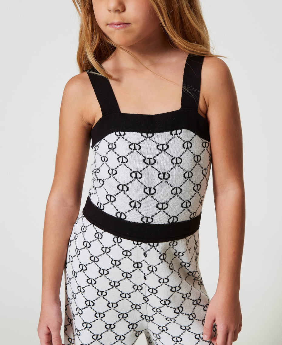 Long knit jumpsuit with jacquard Oval T Bicolour "Ice" White / Black Girl 251GJ3QX3_02849_04