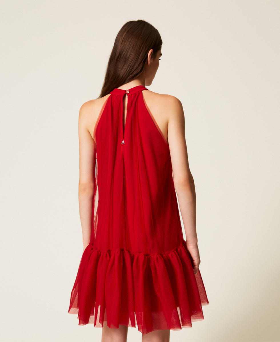 Kurzes Kleid aus T&uuml;ll mit R&uuml;sche Kirsch Rot Frau 252AT2091_00034_03