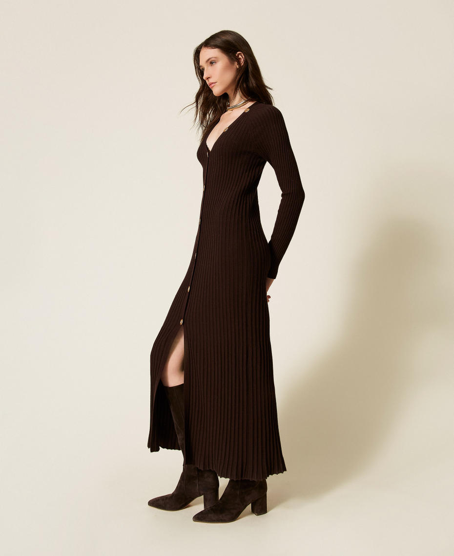 Long wool blend rib knit cardigan dress Black Chocolate Woman 252TT3400_11054_01