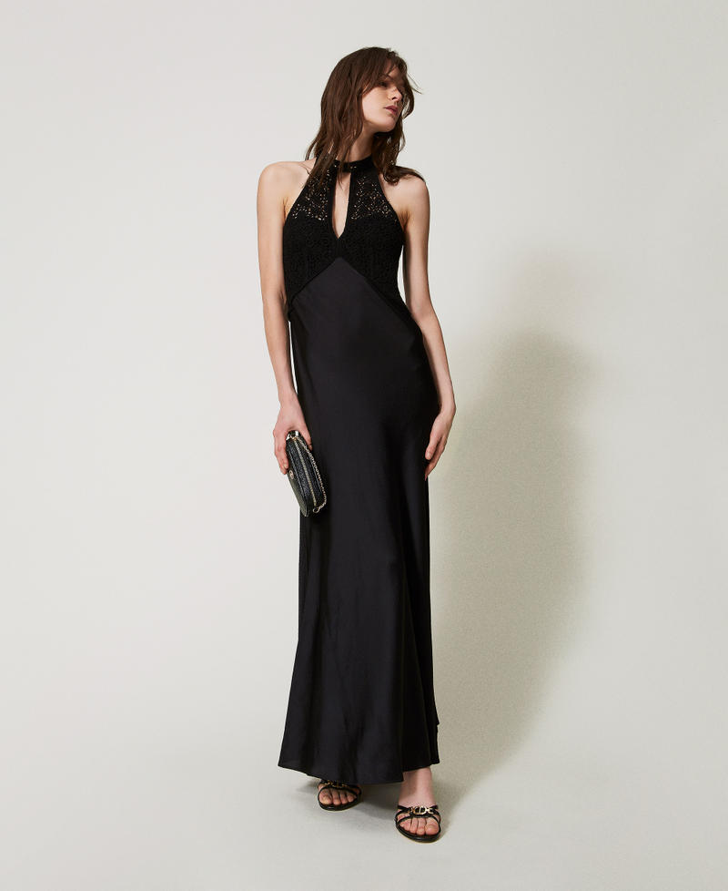 Long satin dress with crochet bodice Black Woman 251TT2080_00006_01