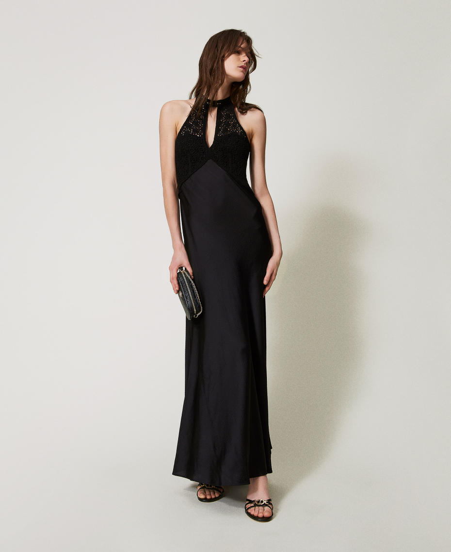 Long satin dress with crochet bodice Black Woman 251TT2080_00006_01