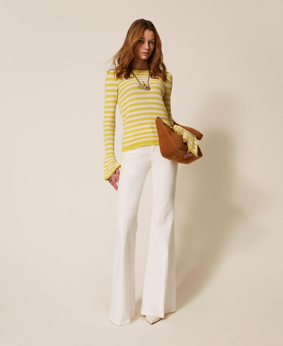 Jersey de cuello redondo a rayas bicolor sin costuras Raya Beige &laquo;Parchment&raquo; / Amarillo &laquo;Limeade&raquo; Mujer 261TP3221_13381_T0