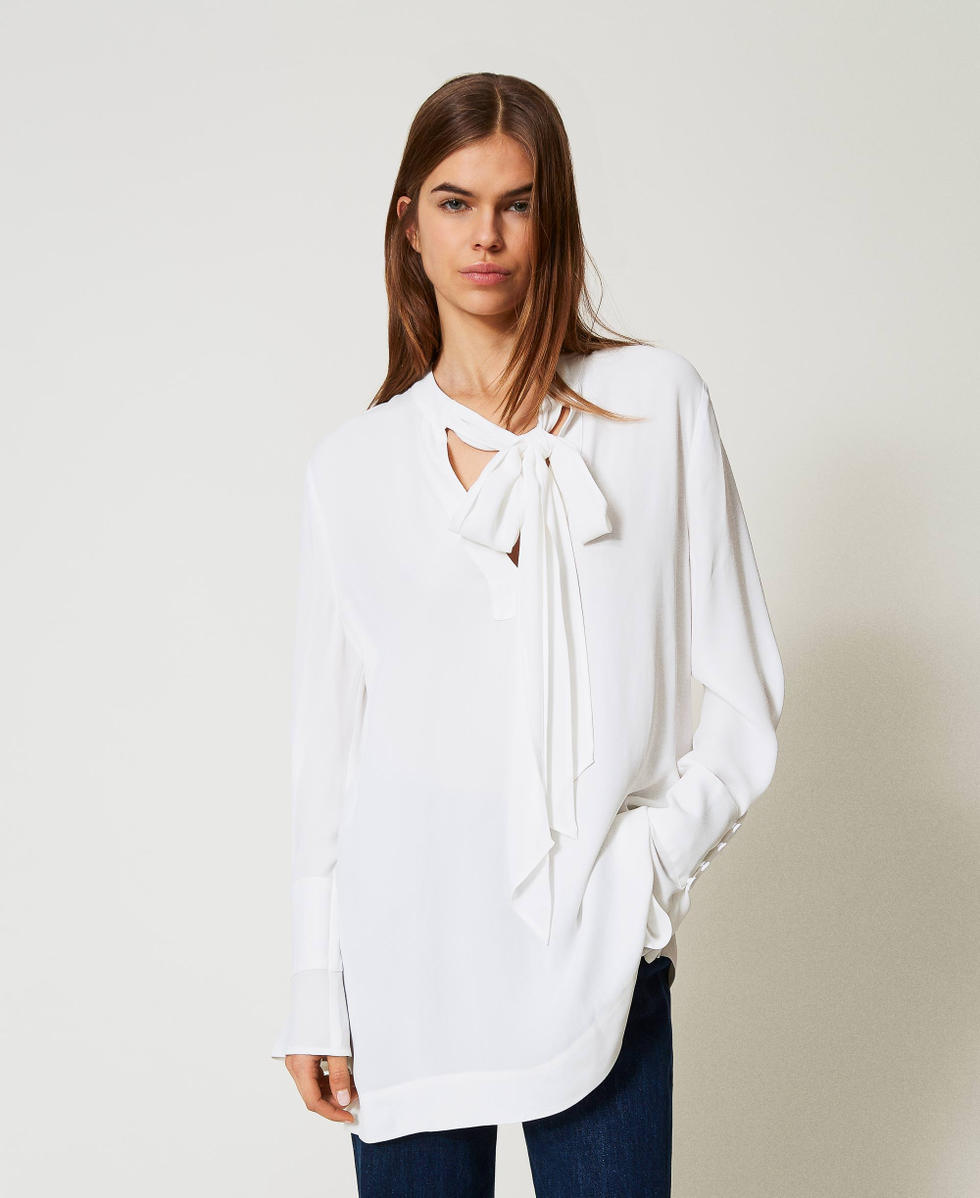 Blusa in cr&ecirc;pe de Chine con fiocco Bianco Neve Donna 251TP2140_00282_02