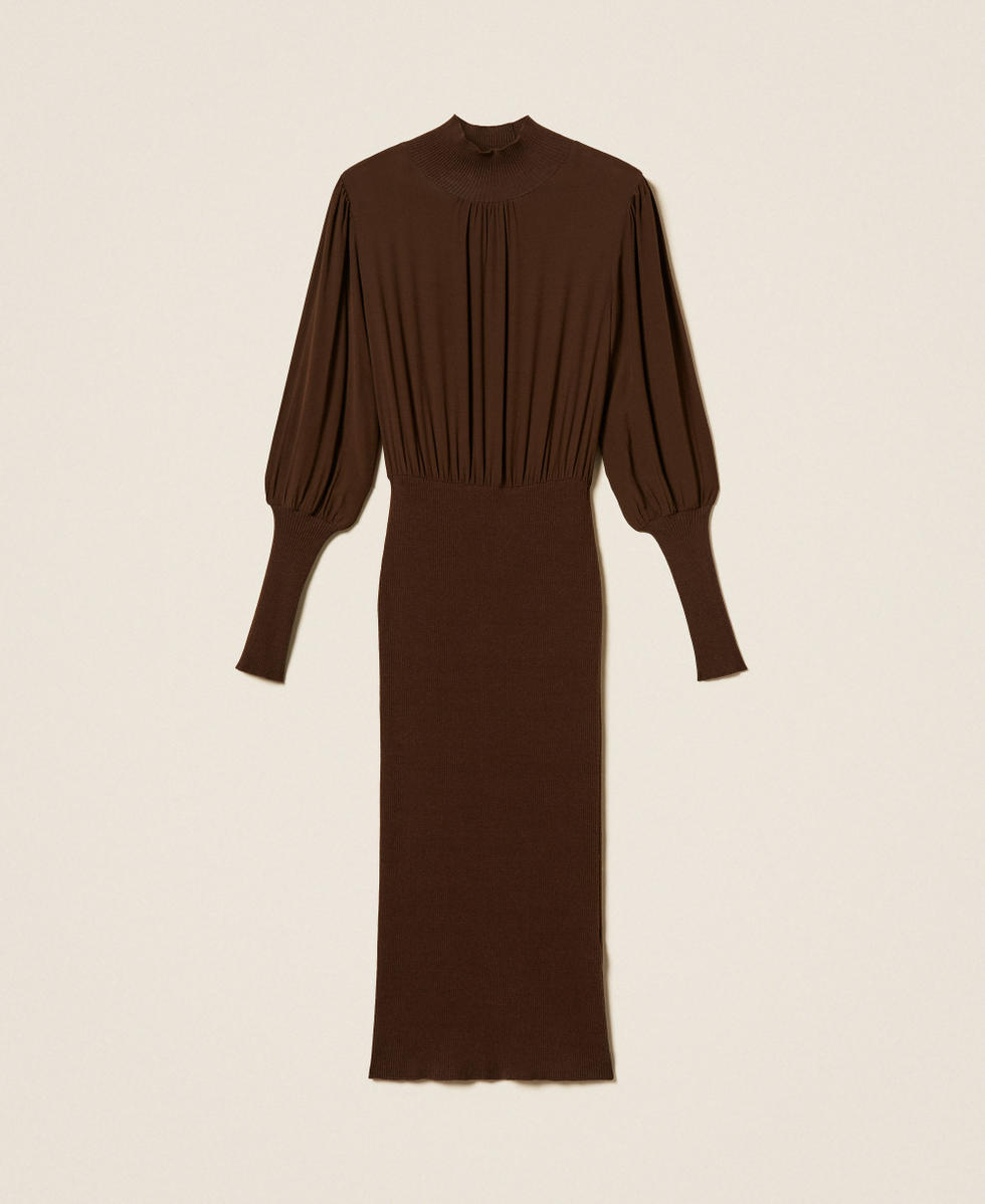 Knit and cr&ecirc;pe de Chine long dress Darkness Brown Woman 262TP3240_13411_S0