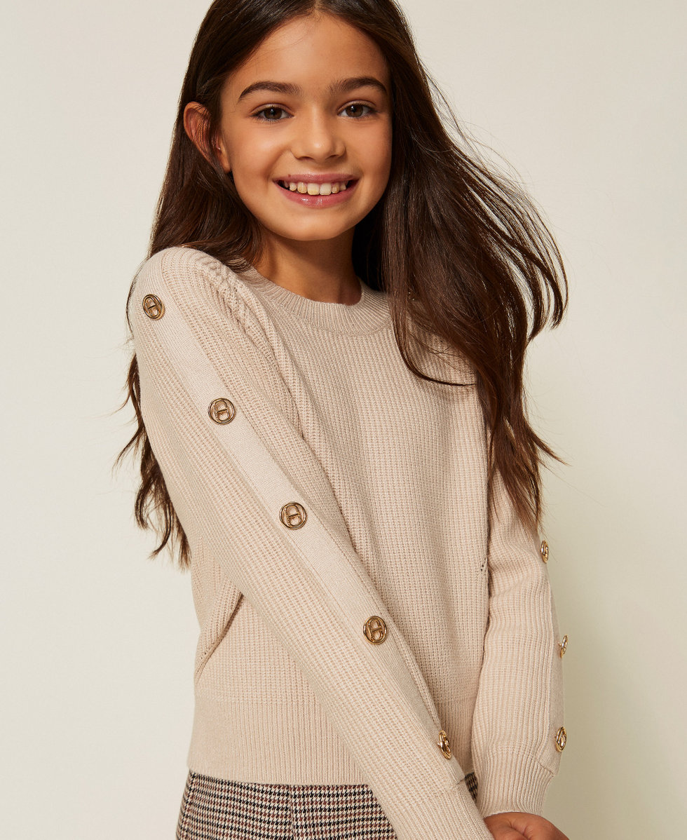 Pull c&ocirc;tel&eacute; avec boutons Oval T Beige &laquo;&nbsp;Biscuit&nbsp;&raquo; Fille 252GJ3061_10884_PD