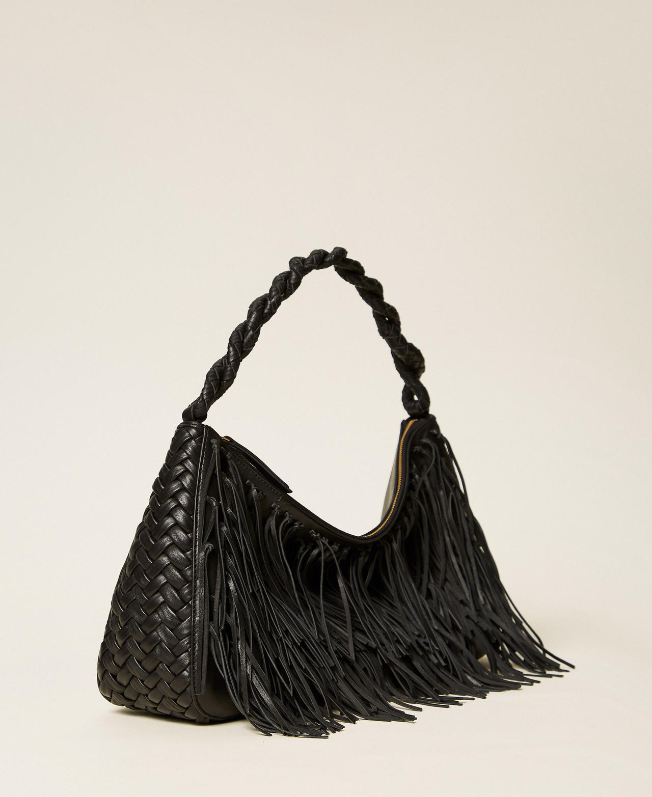 Bolso «Liliane» mediano de piel con flecos Negro Mujer 252TS8EBB_00006_02