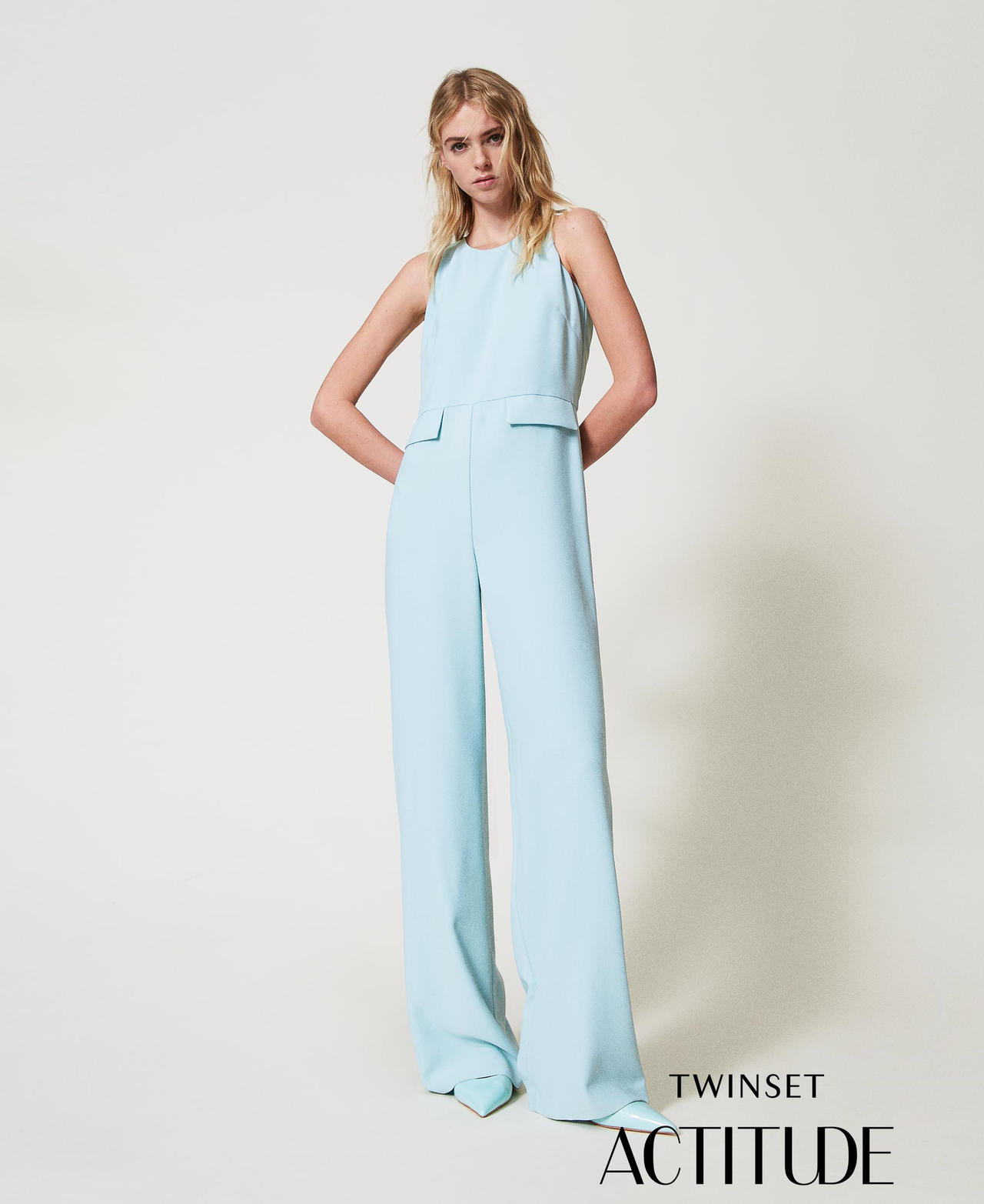 Long cr&ecirc;pe piquet jumpsuit Light Canal Blue Woman 251AP2336_12134_PA