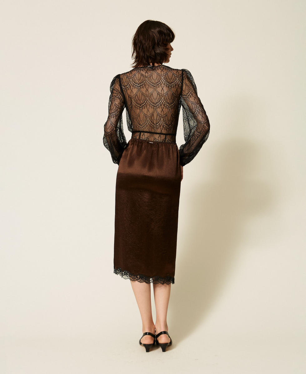 Falda midi de raso froiss&eacute; y encaje Bicolor Darkness Brown / Negro Mujer 262TP2111_13853_03