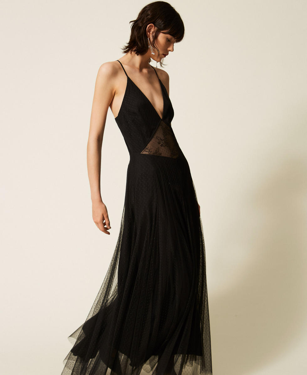 Vestido largo de tul plumetis y encaje Negro Mujer 262TP2213_00006_PD