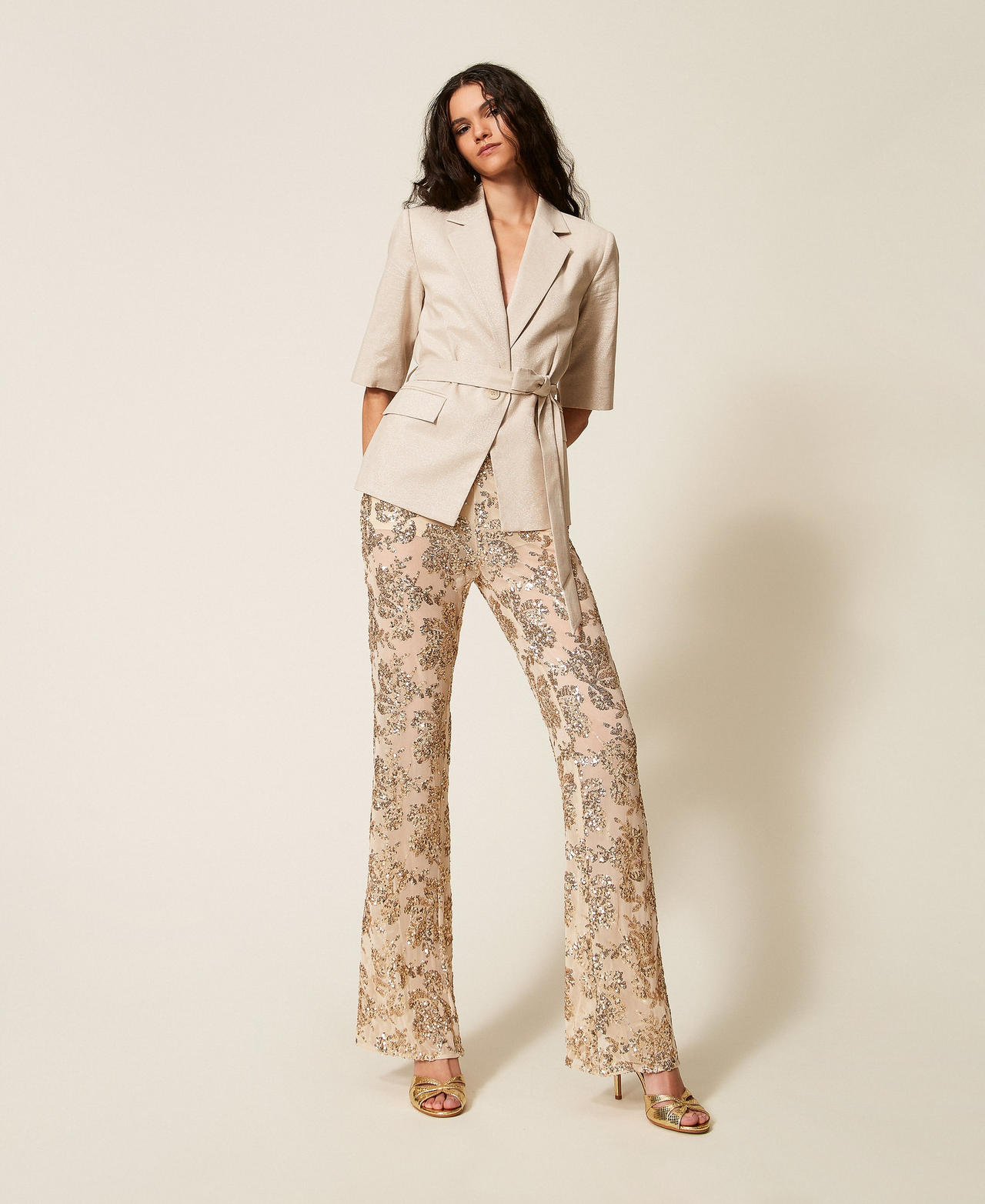 Tulle trousers with sequins Cashew Beige Woman 261AT2141_13362_01