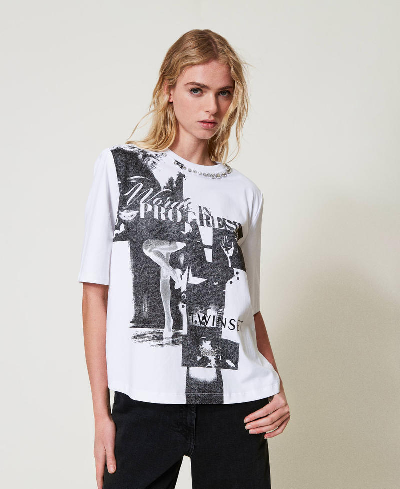 Printed T-shirt with hand embroidery "Papers" White Woman 251AP2160_00840_01