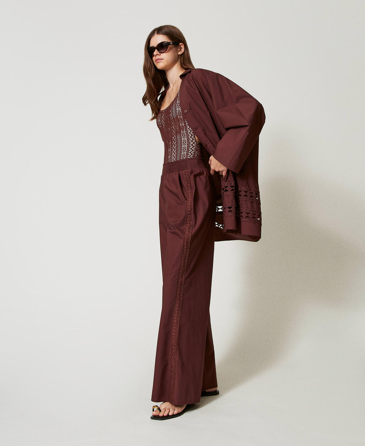 Pantaloni in popeline con crochet Brown Stone Donna 251LB2KCC_12133_02