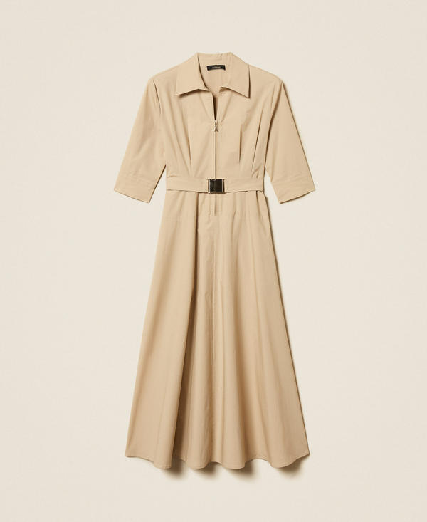 Vestido largo de popelina con cintur&oacute;n