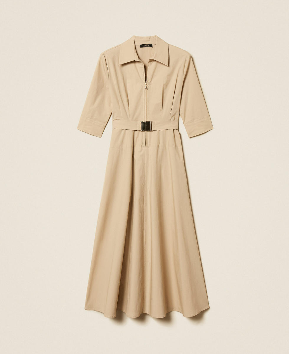 Langes Kleid aus Popeline mit G&uuml;rtel Safaribeige Frau 261AP2284_13191_S0