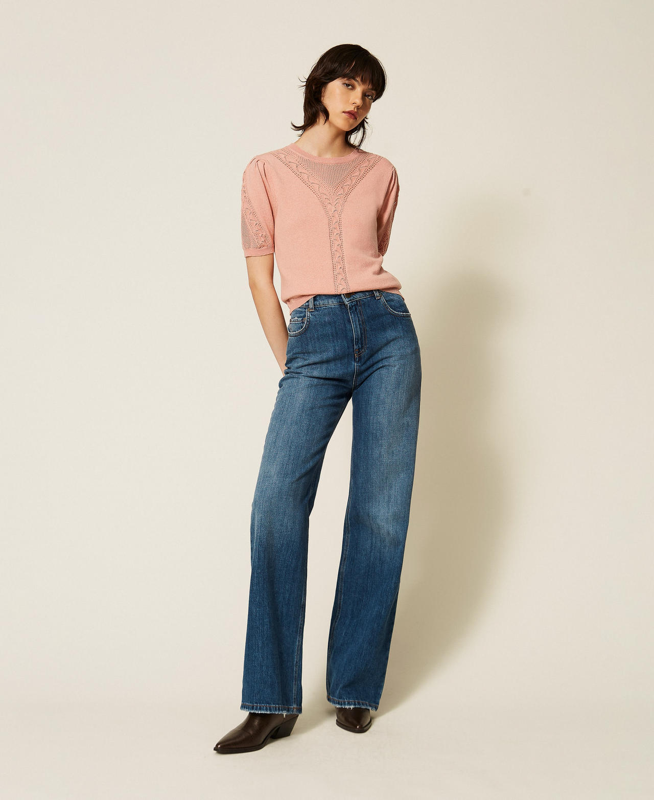 Twinset Women's Dusty Pink Wool Blend Punched Knit Jumper