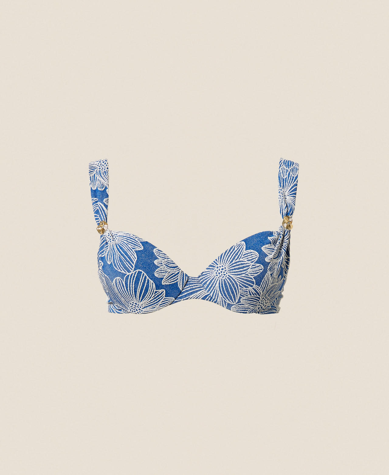 Twinset Beachwear - Jacquard push-up bikini top with pearl, Mediterranean Blue/Off White Jacquard, Floral, Size: 5-C