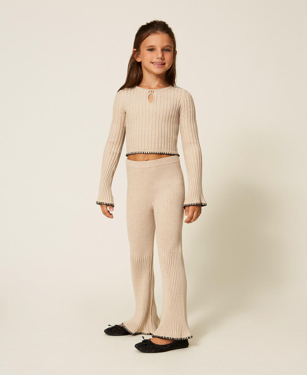 Gerippte Strickhose mit Stickerei "Biscuit"-Beige M&auml;dchen 252GJ3091_10884_02