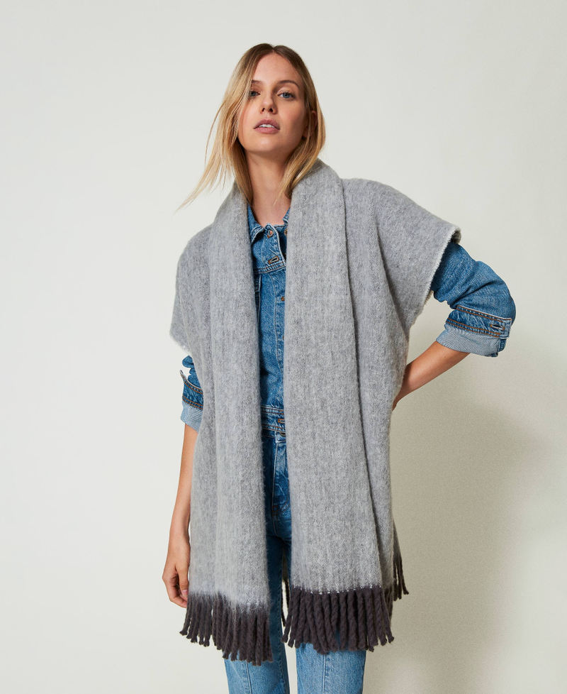 Mottled poncho with fringes Charcoal Grey Woman 242TO5570_11949_01