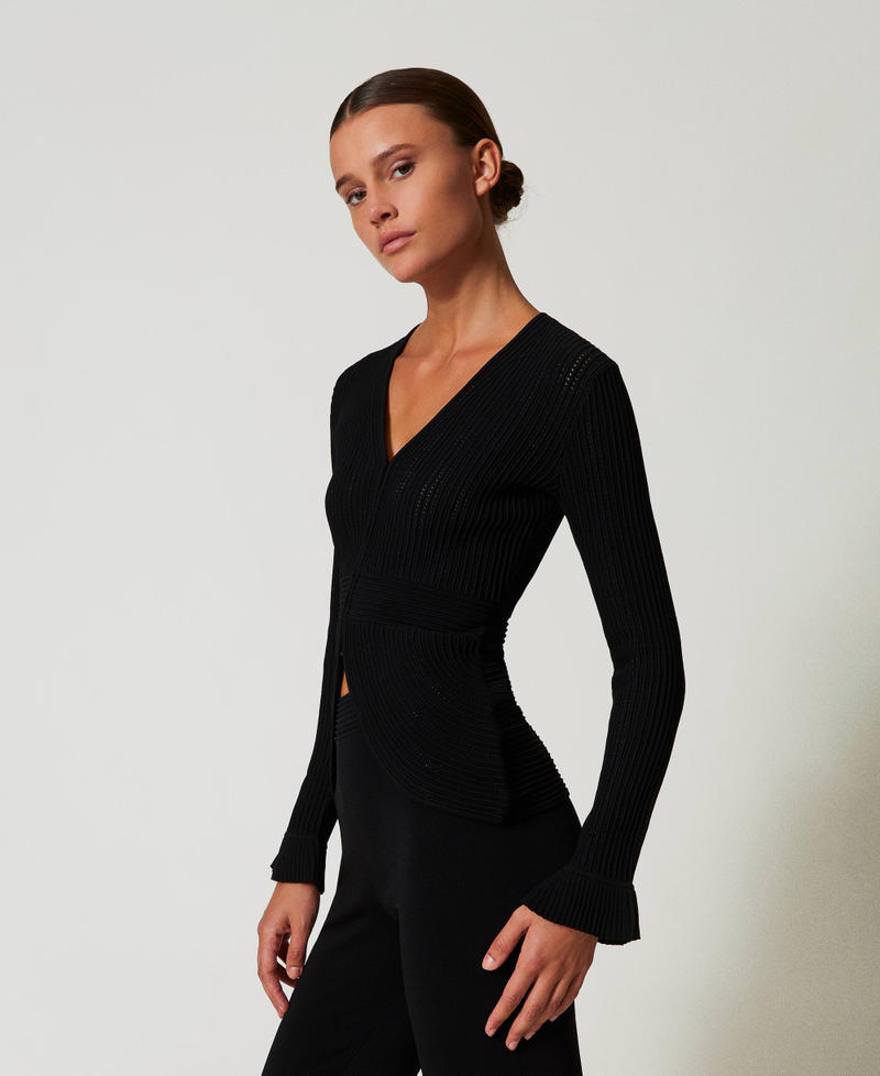 Fitted knit jacket with mixed stitches Black Woman 242TT3123_00006_02
