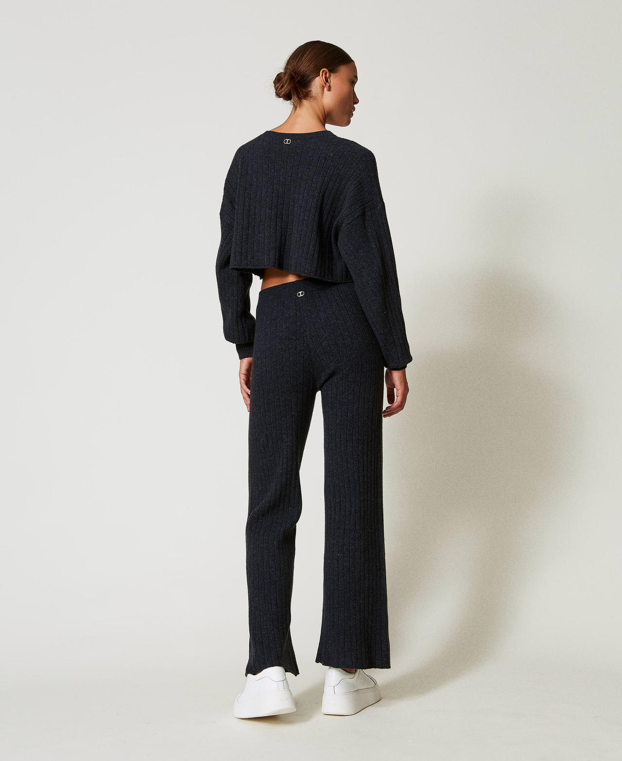 Pantalon palazzo en maille de laine m&eacute;lang&eacute;e Gris Anthracite Chin&eacute; Femme 242TT3361_12030_03