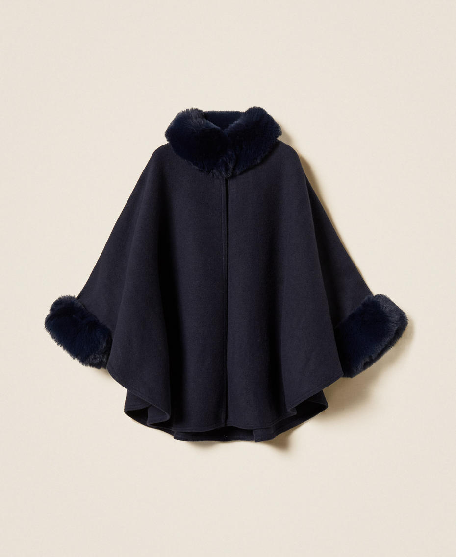 Poncho aus Tuch mit Kunstpelz Klassisches Blau Frau 262TO5730_11956_S0