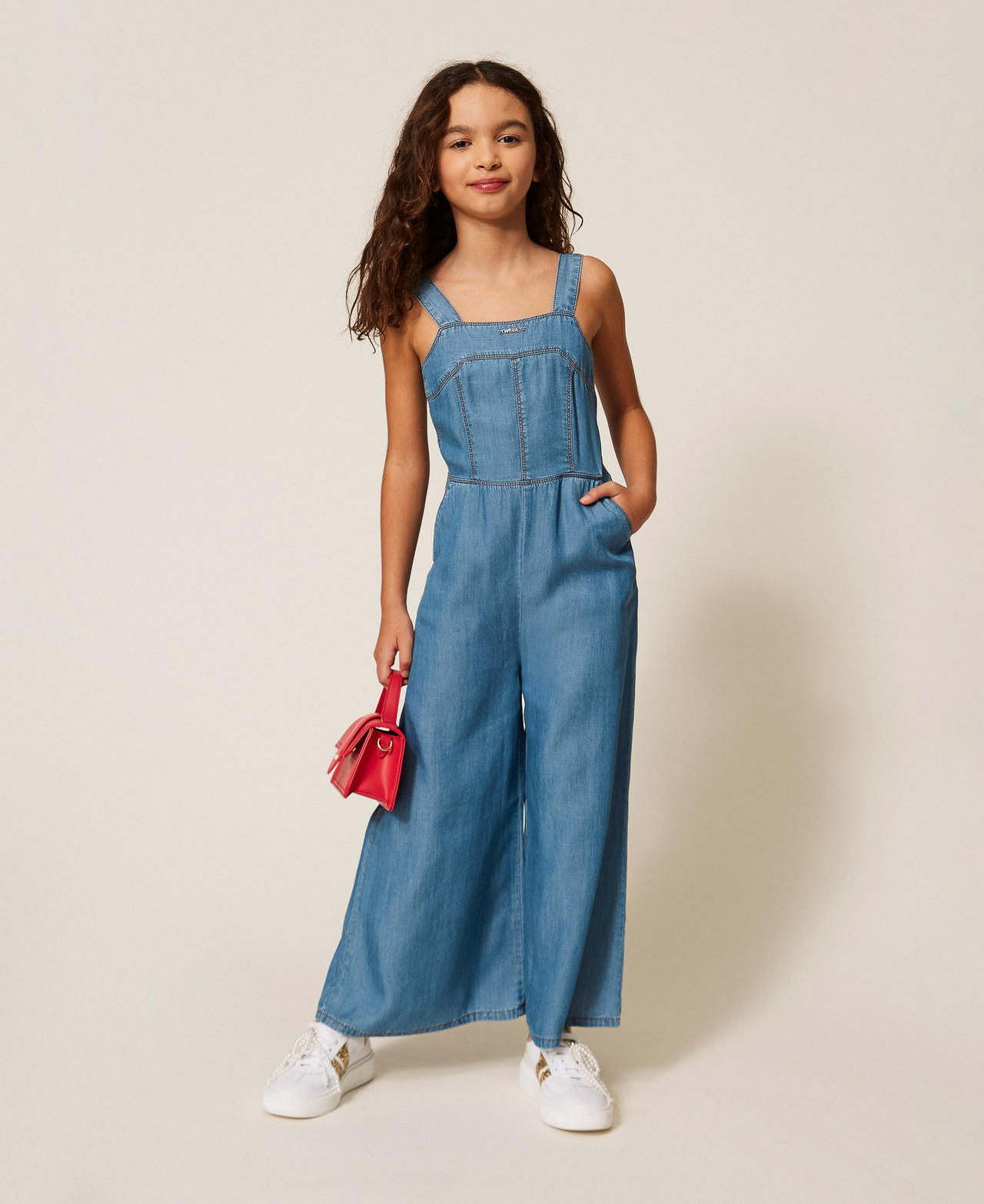 Long chambray jumpsuit with smocking Mid Blue Chambray Girl 261GJ2073_13235_02