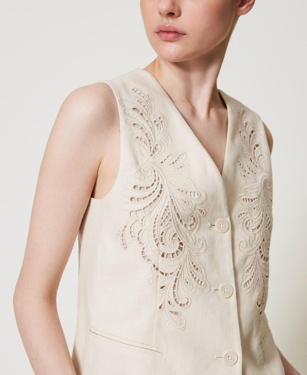 Linen blend waistcoat with embroidery Mother Of Pearl Woman 251TP2161_00059_04