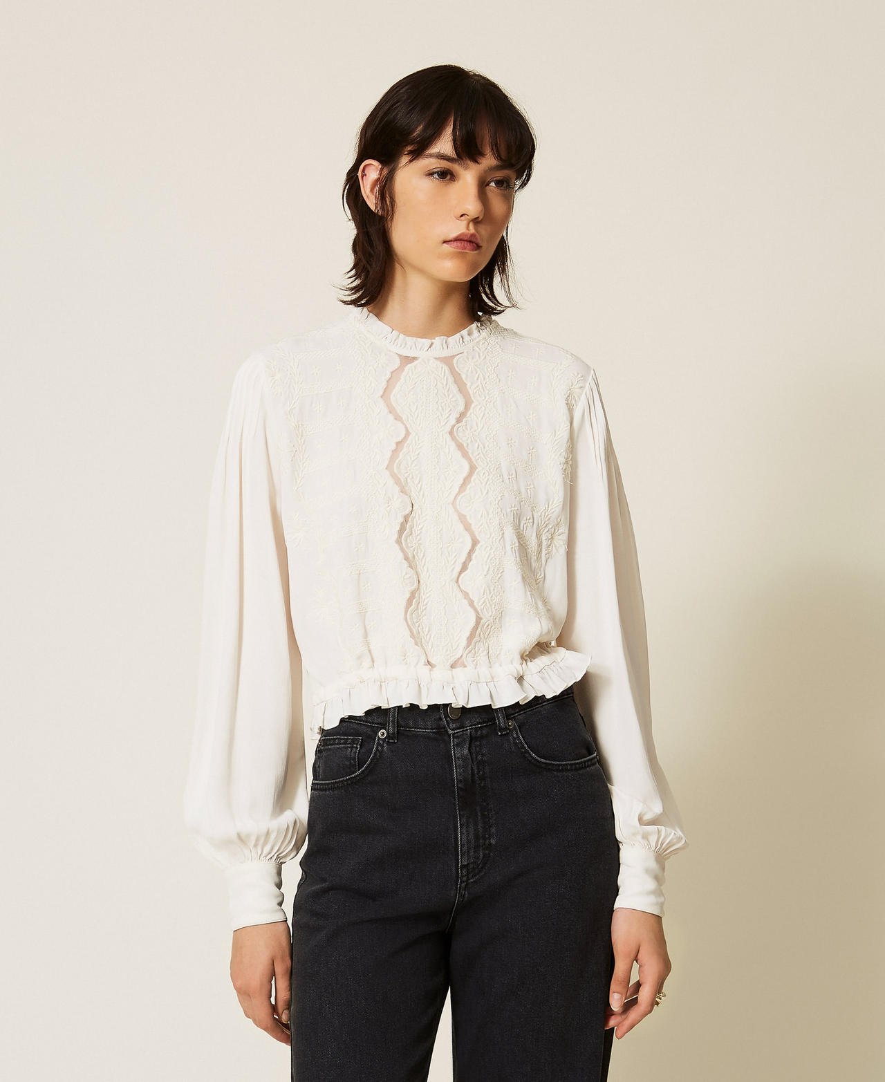 Twinset Women's Mother Of Pearl Crêpe Blouse With Floral Embroidery