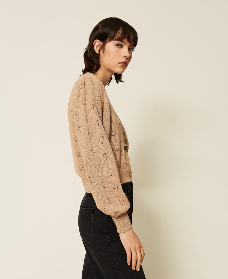 Knit cardigan with heart pattern Light "Tobacco Brown" Woman 262TP3023_13732_02