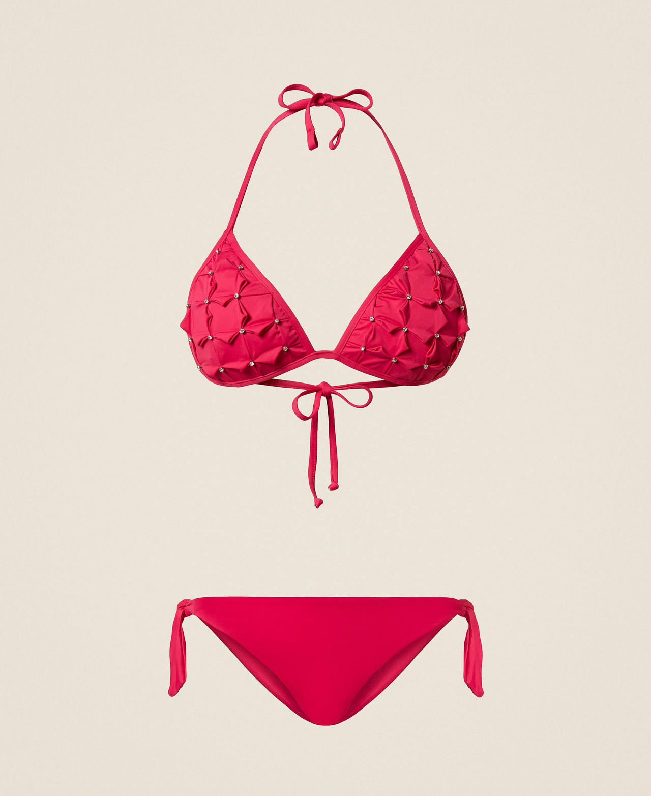 Triangle bikini top with embroidery and thong bottoms