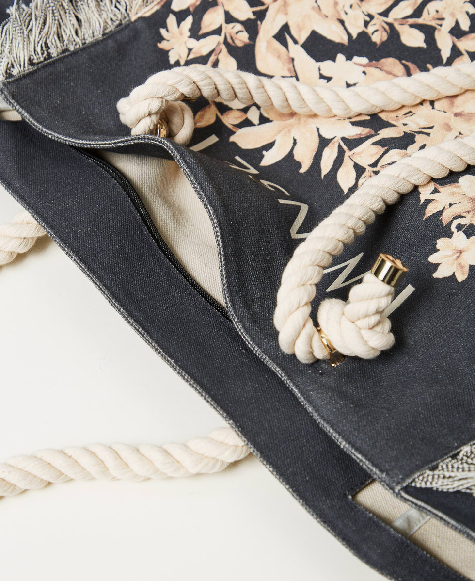 Cabas en toile imprim&eacute;e Imprim&eacute; Fleurs Noir/Natural Beige Femme 251LB7AAA_12195_04