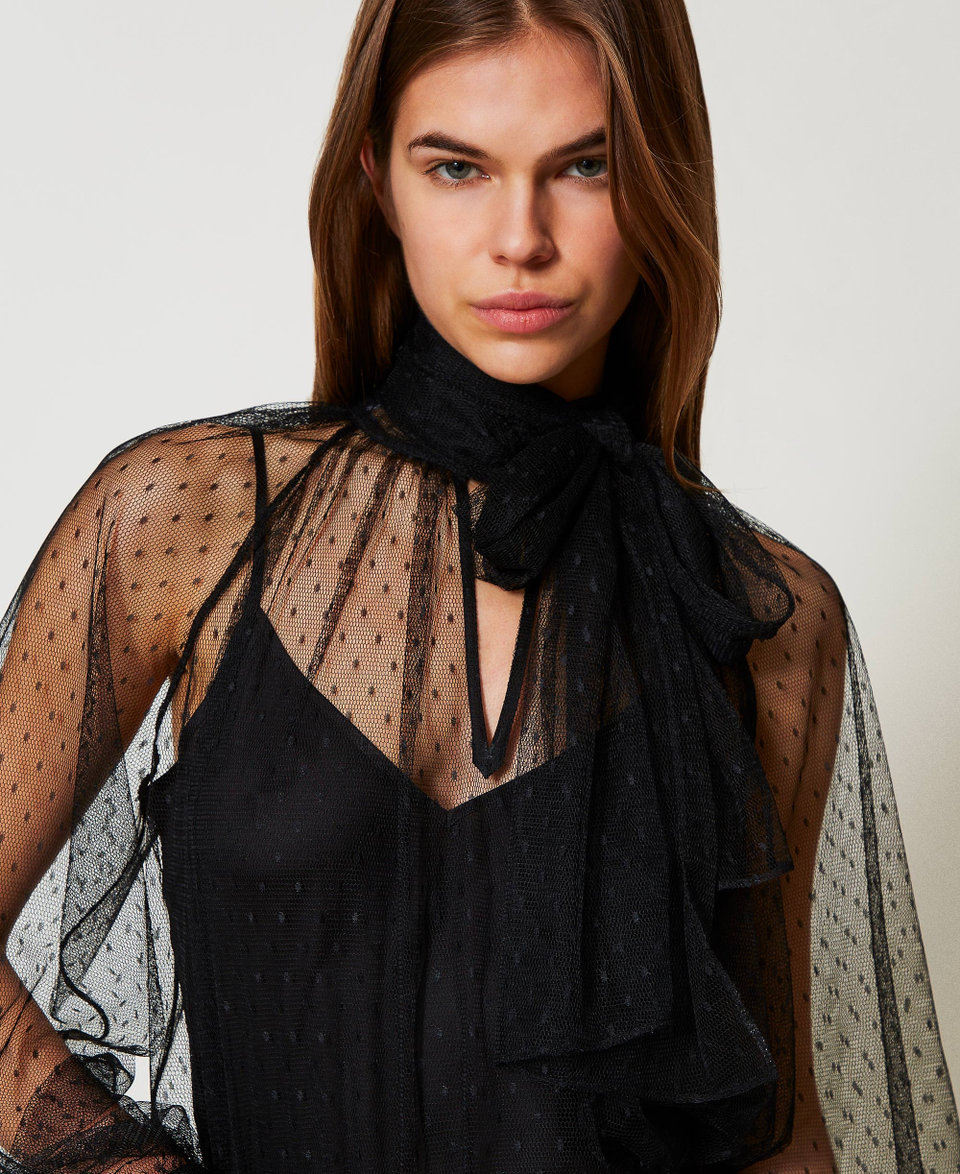 Blusa in tulle con collo a fusciacca Nero Donna 251TP2514_00006_04
