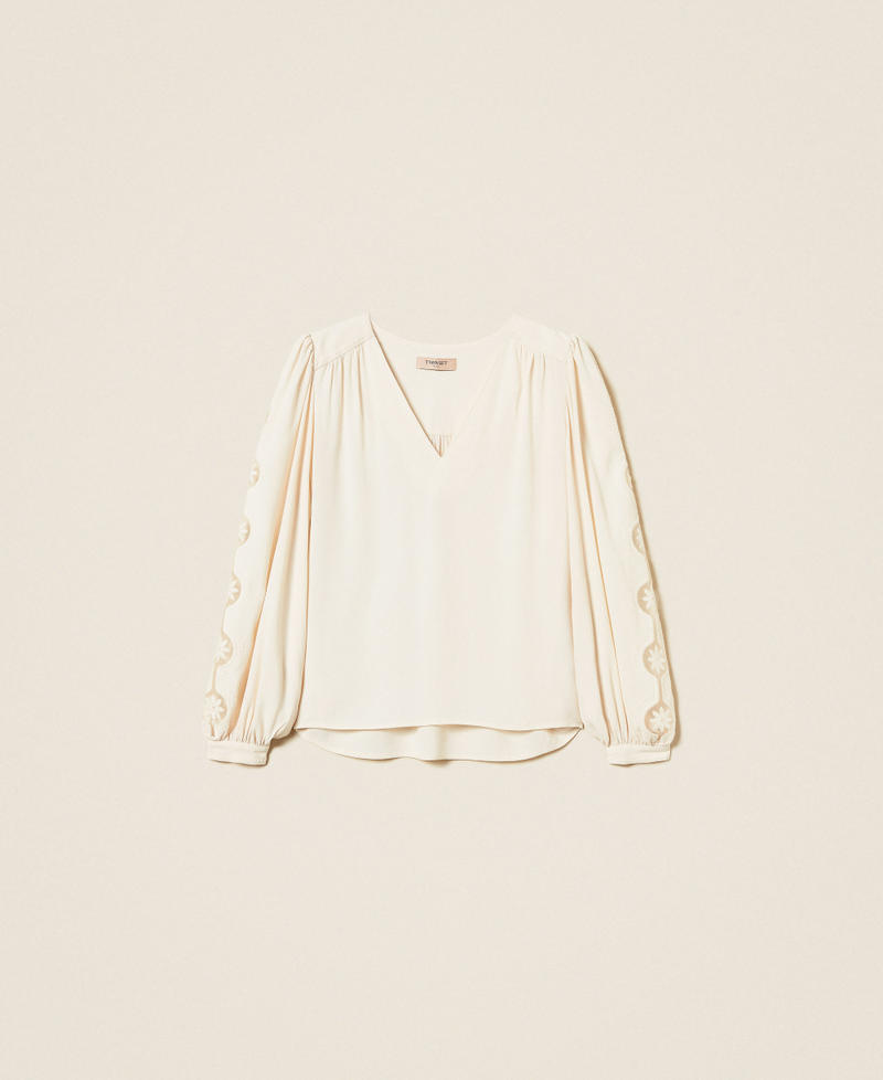 Crêpe blouse with embroidery "Parchment" Beige Woman 252TP2151_07222_S0