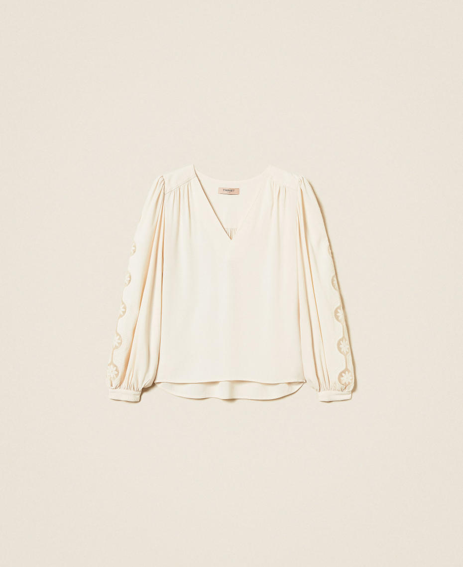 Crêpe blouse with embroidery "Parchment" Beige Woman 252TP2151_07222_S0