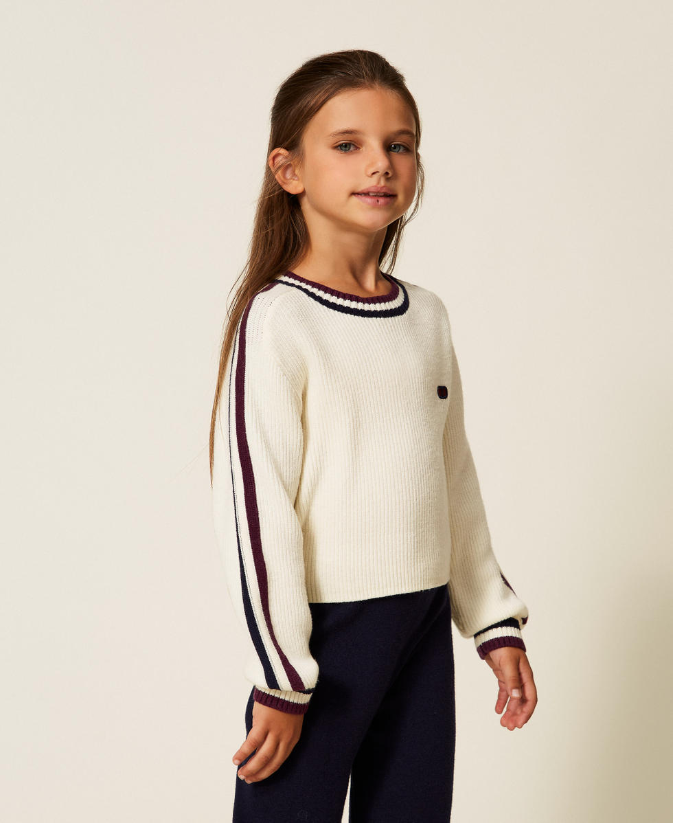 Pull c&ocirc;tel&eacute; avec bandes bicolores Blanc Papyrus Fille 252GJ3030_00435_02