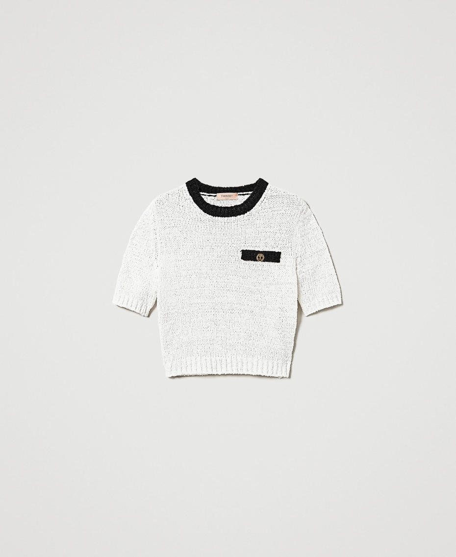 Cropped-Pullover mit „Oval T“-Knopf Zweifarbig Schneeweiß / Schwarz Frau 251TP3440_03711_S0