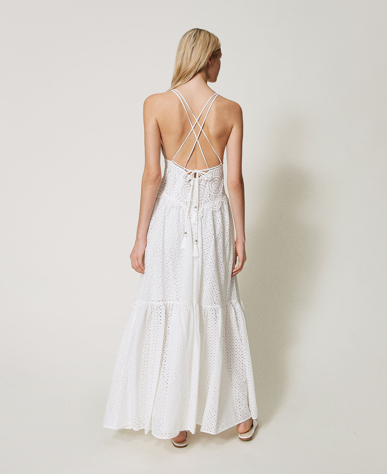 Long dress in broderie anglaise and crochet Sugar White Woman 251LM2VFF_00632_03