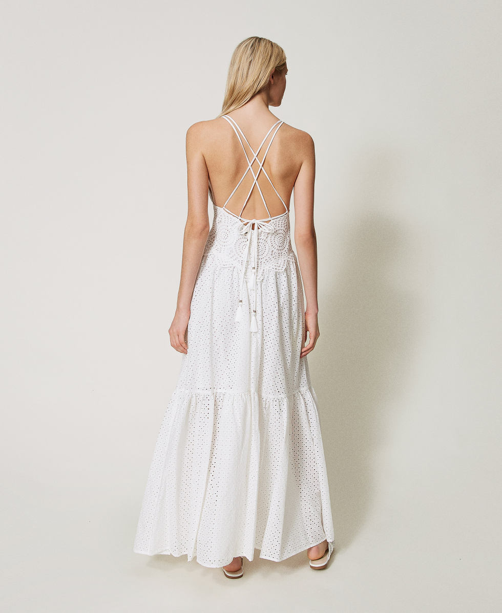 Long dress in broderie anglaise and crochet Woman, White | TWINSET Milano