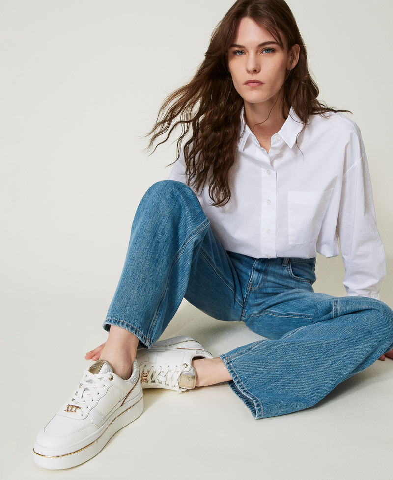 Laminated leather platform trainers Two-tone Optical White / Gold Woman 251TCP014_07049_T0