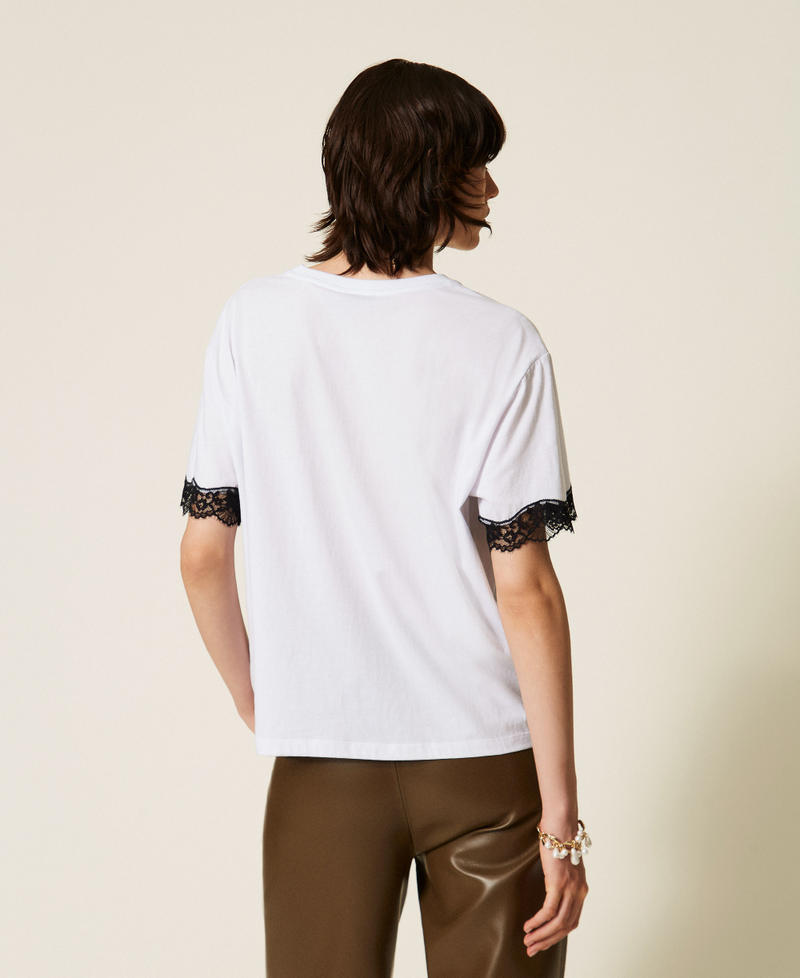 T-shirt in jersey con logo e pizzo Bicolor Bianco Ottico / Nero Donna 262TP2304_01870_03