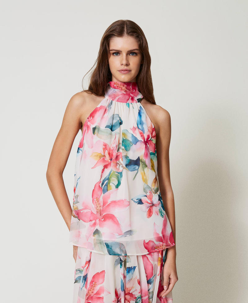 Top in georgette con stampa a fiori Stampa Fiori Madreperla / Multicolor Donna 251LB2ZAA_12194_01