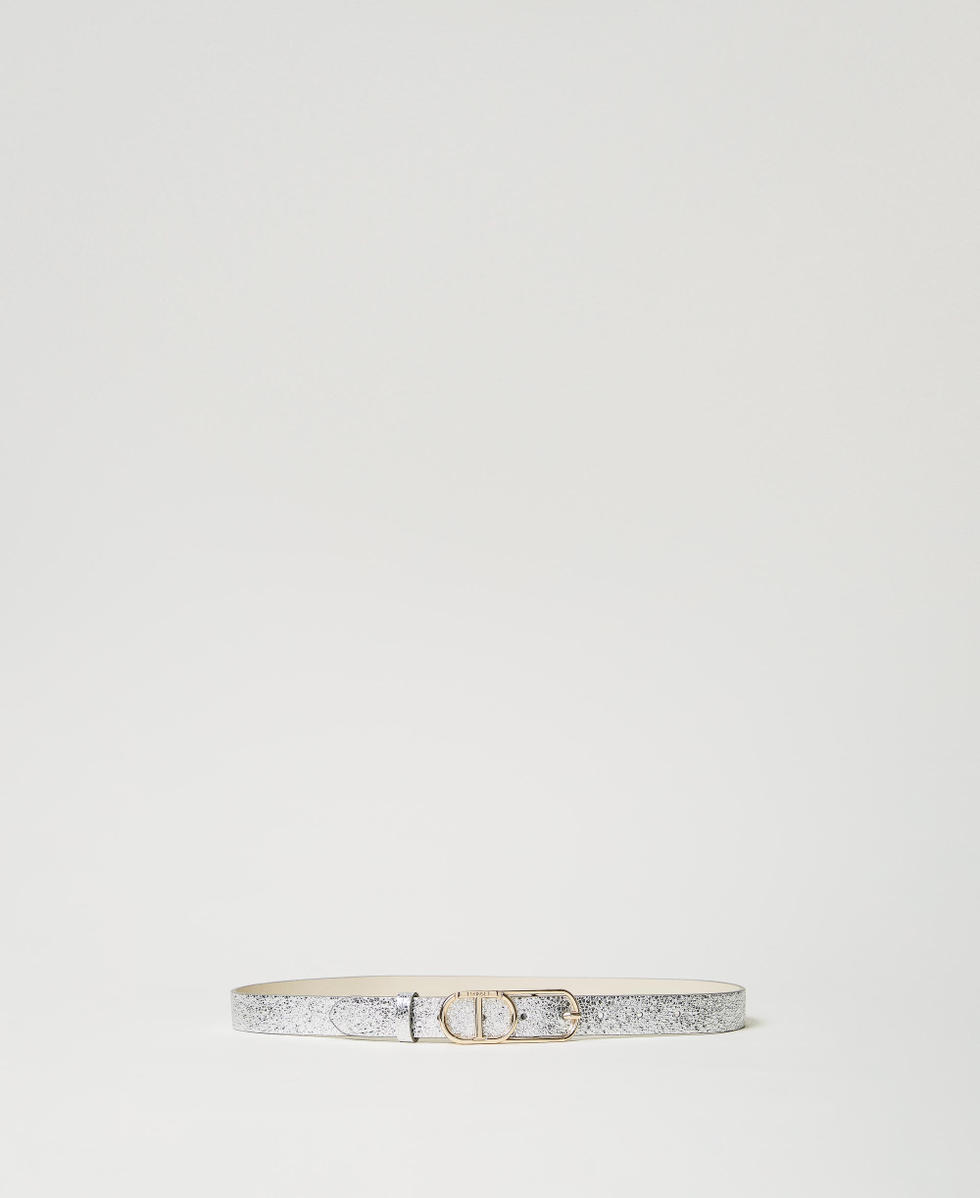 Cracked leather belt with Oval T buckle Silver Woman 251TA4110_00995_01