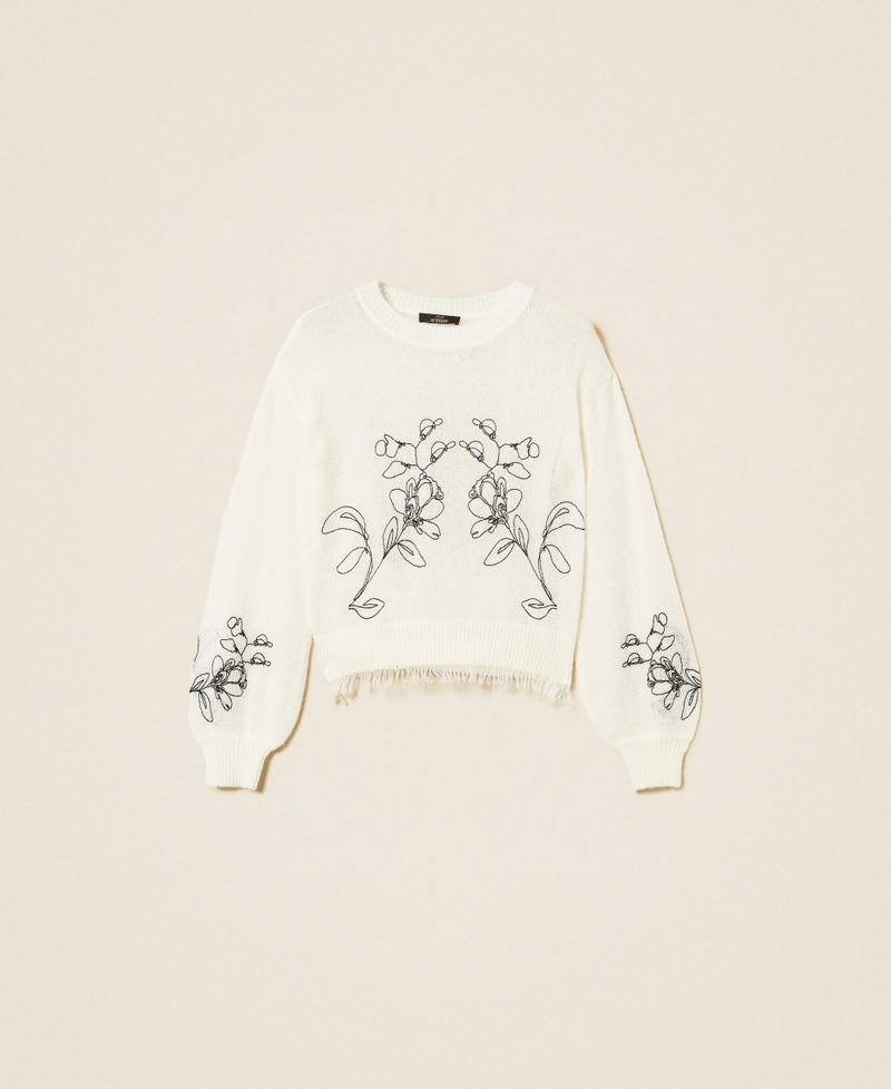 Pullover mit floralem Stickmotiv und Fransen "Schneewei&szlig;" / Stickerei Schwarz Frau 262AP3230_13762_S0