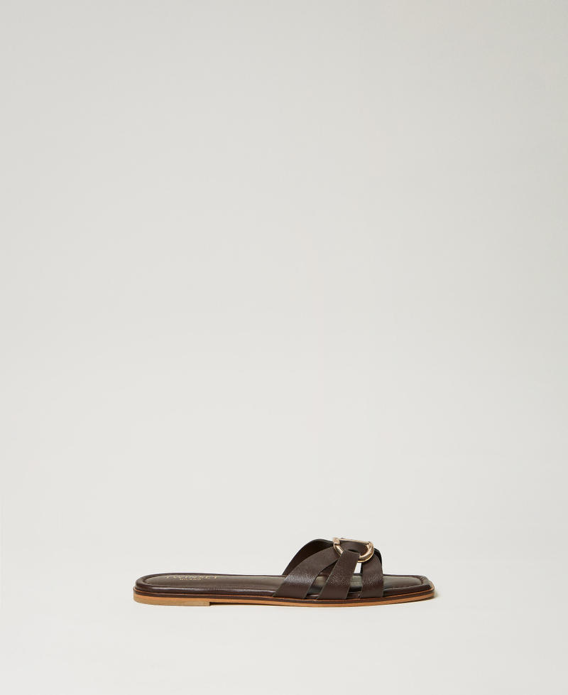 Leather slides with Oval T Chocolate Lab Woman 251TGT090_10780_01